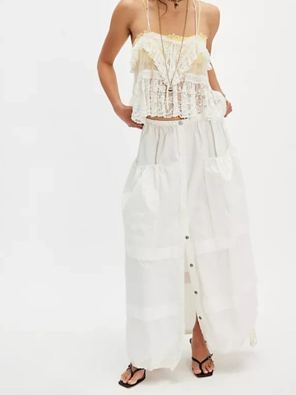 Free People Eloise Maxi Skirt White Mid Rise Oversized Drawcord Tiered S